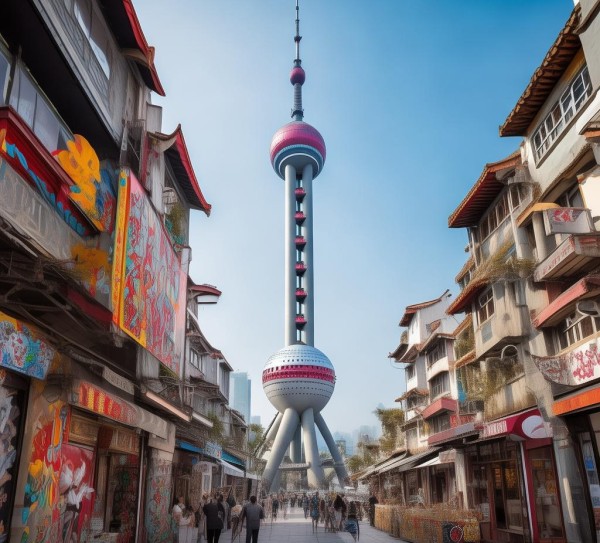 东方明珠与富春路，城市中的艺术与商业交汇